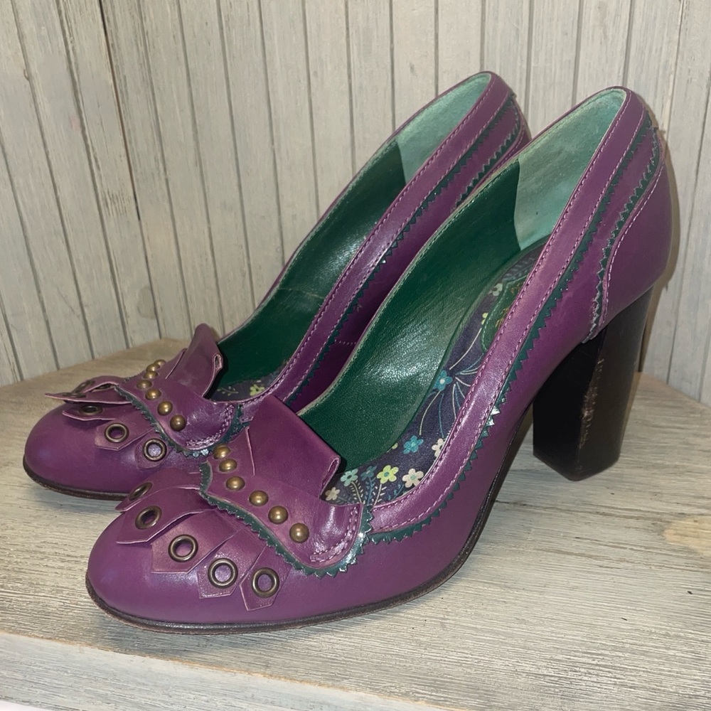 Flawless Pan Tulipani Purple Leather Round Toe Block Heels Made in Italy 38.5